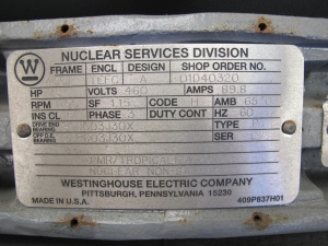 MOTOR, ELECTRIC TYPE, 75 HORSEPOWER, 460VAC ELEC RATING, 1780 RPM, 405T FRAME, 89 AMPS, TEFC ENCLOSURE, 1.0 SERVICE FACTOR. 480V, .33AMP SPACE HEATERS, KVA CODE H, 65 DEG C AMB, STYLE SHOP ORDER NUMBER 76C55394. (W-44) LOADING & HANDLING FEE $15-